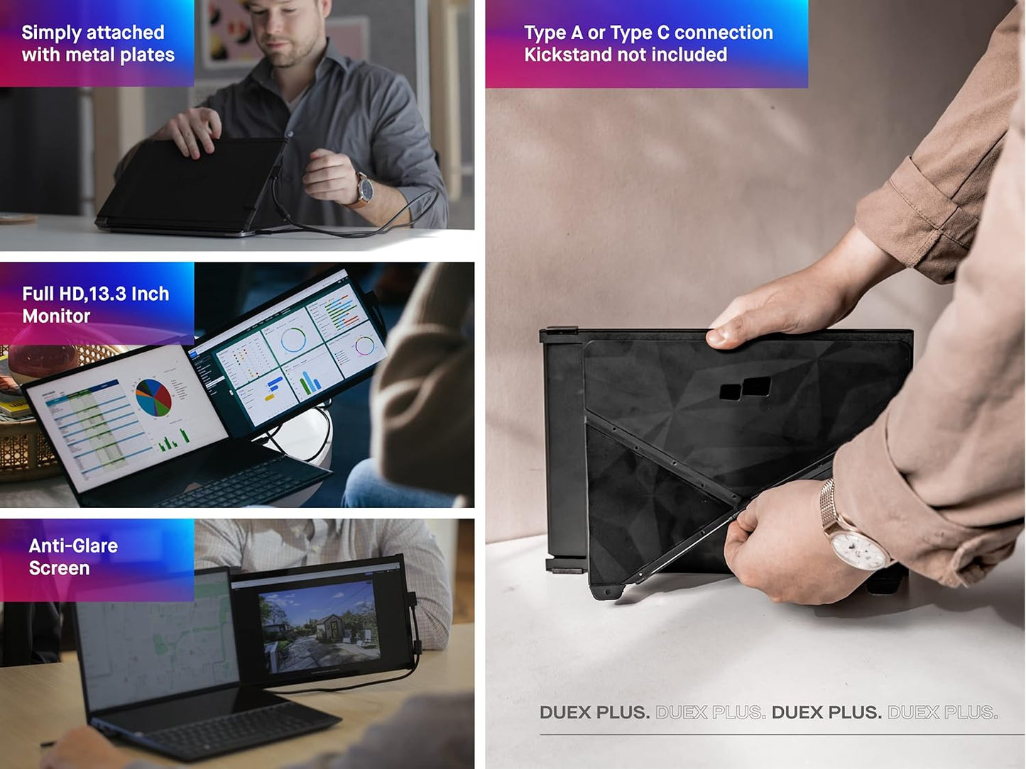 Duex plus Portable Monitor for Laptops, USB C/USB a Plug and Play 13.3In FHD 1080P Laptop Screen Extender