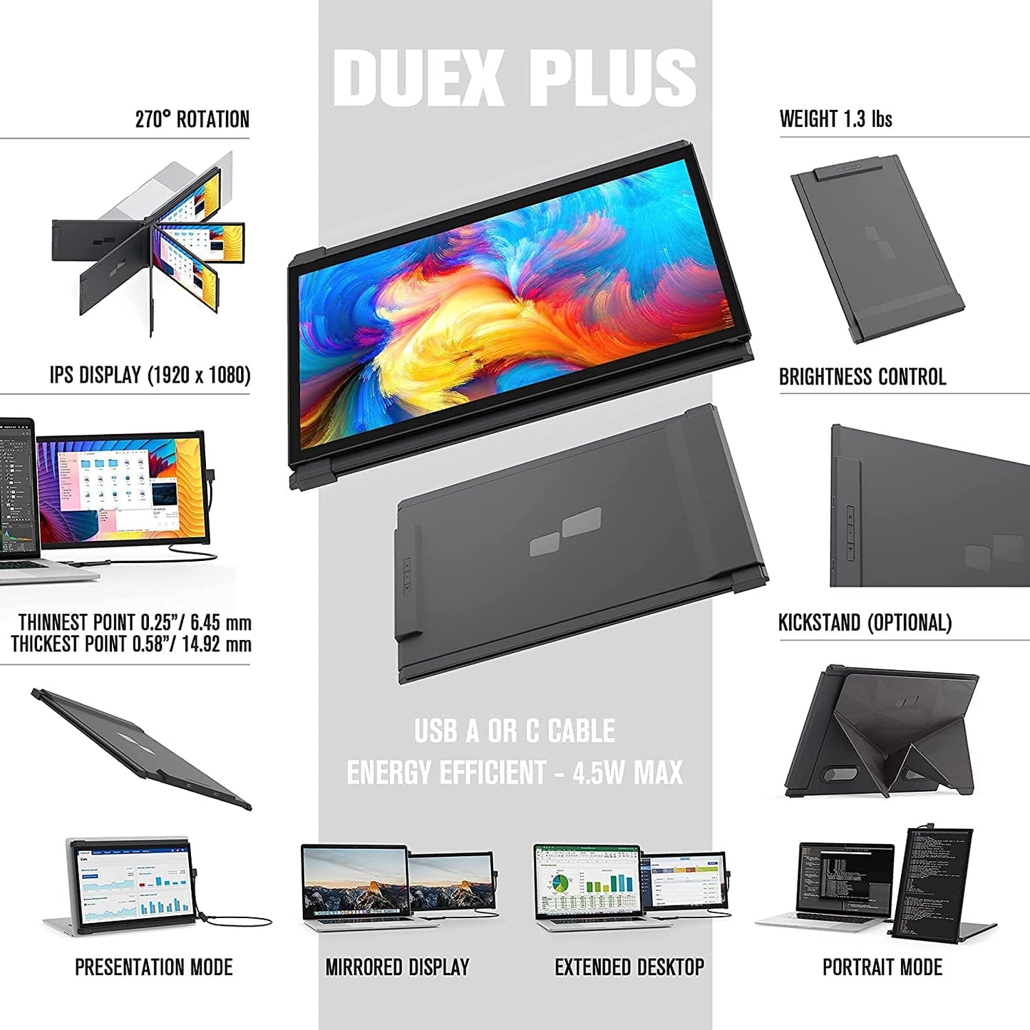 Duex plus Portable Monitor for Laptops, USB C/USB a Plug and Play 13.3In FHD 1080P Laptop Screen Extender