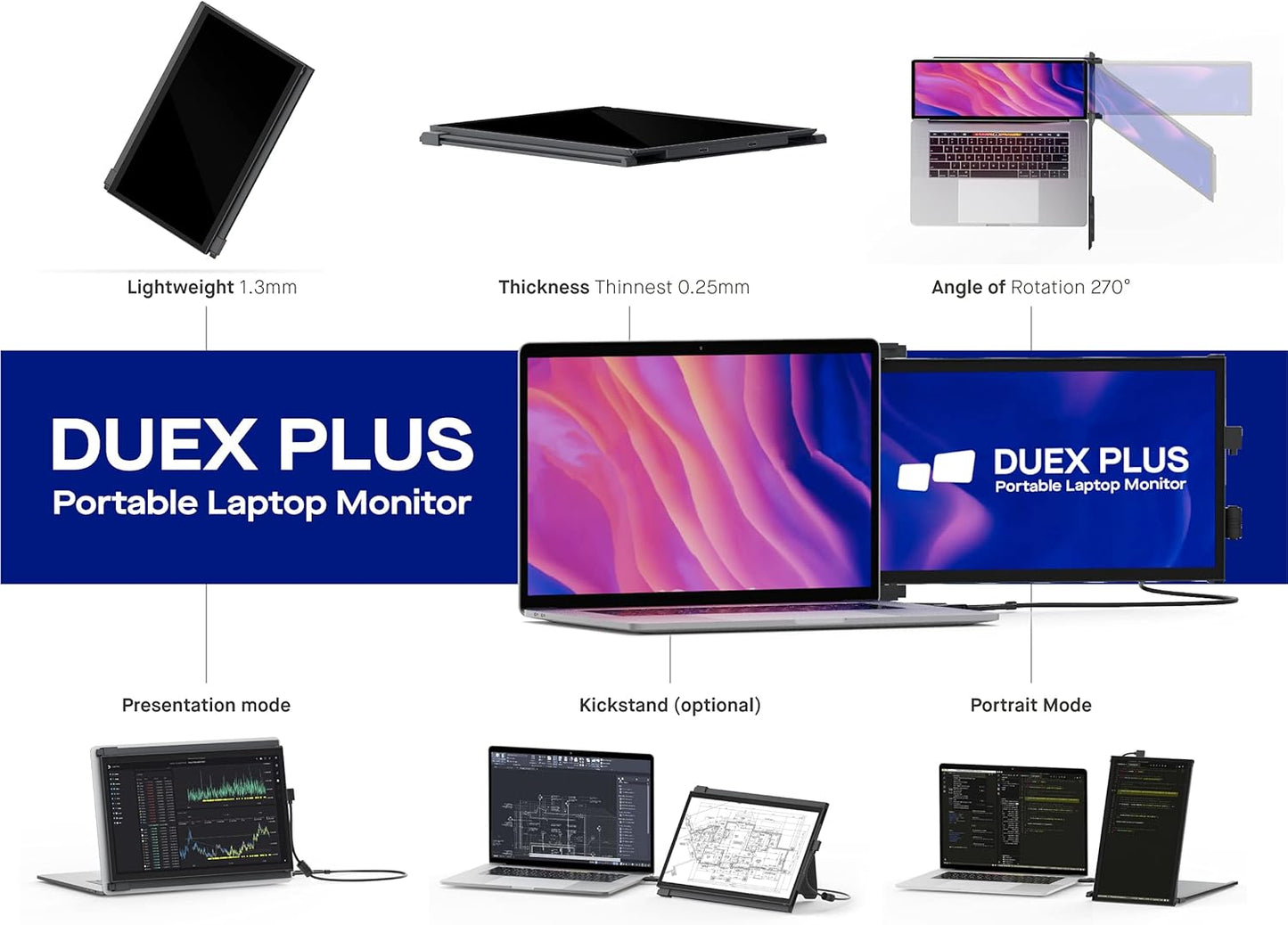 Duex plus Portable Monitor for Laptops, USB C/USB a Plug and Play 13.3In FHD 1080P Laptop Screen Extender