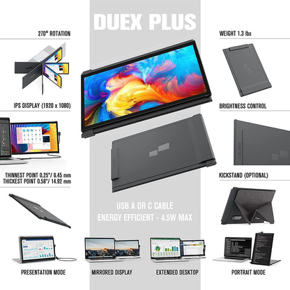 Duex plus Portable Monitor for Laptops, USB C/USB a Plug and Play 13.3In FHD 1080P Laptop Screen Extender