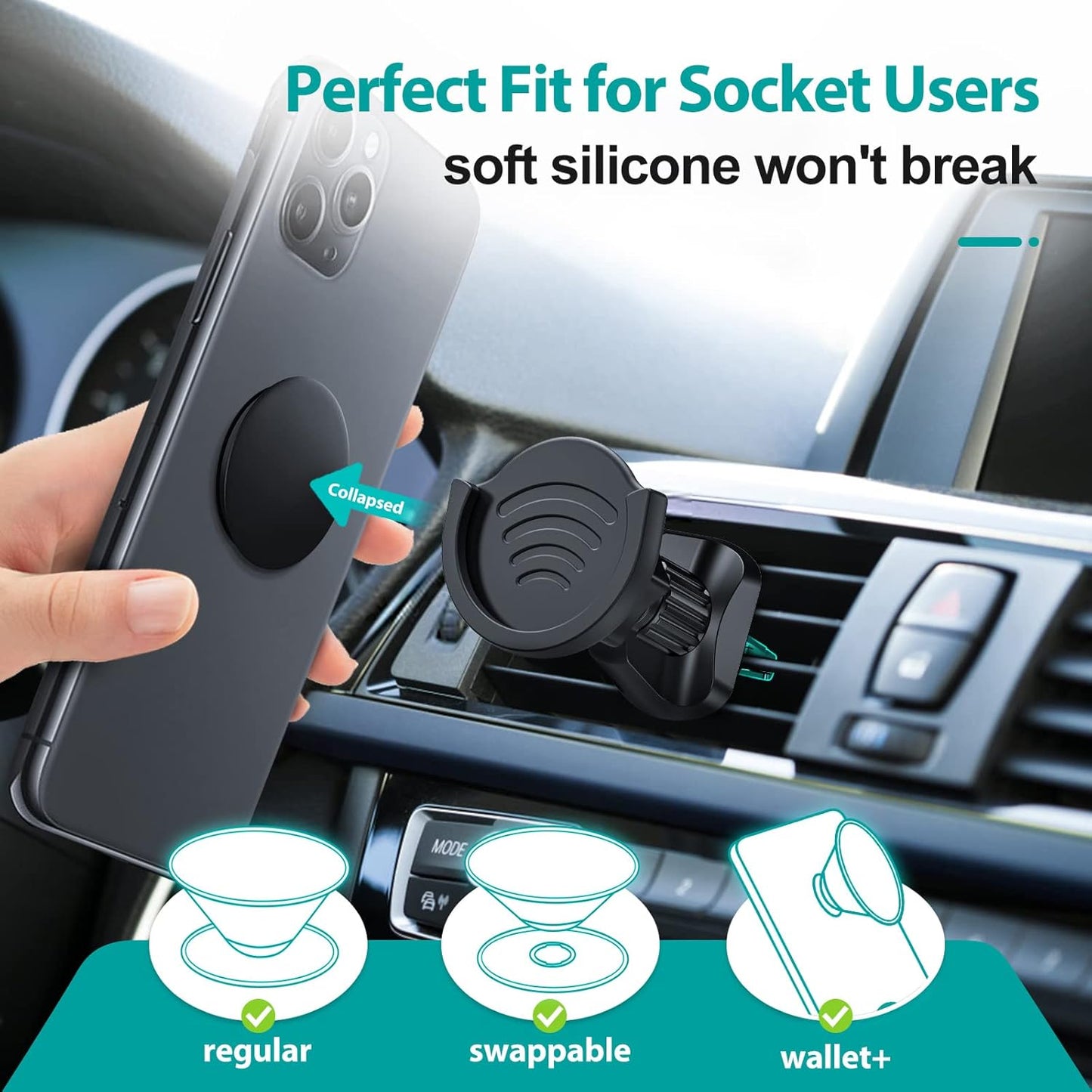 Air Vent Phone Mount for Socket Grips, [Upgraded Clip] Universal Car Phone Holder Cradle for Swappable Collapsible Grip with Adjustable 360°Rotation Compatible with Iphone & Samgsung Galaxy